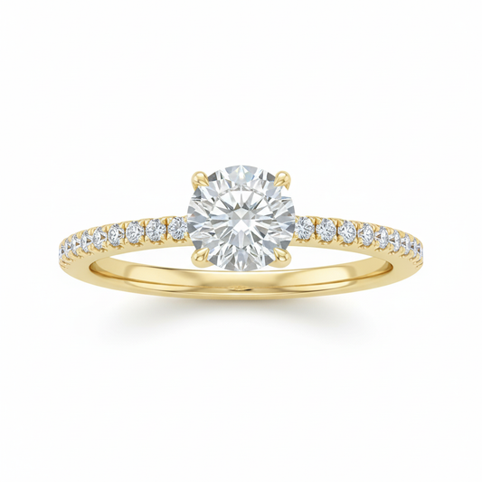 Anillo Solitario con Pavé de Diamantes y Diamante Central Redondo