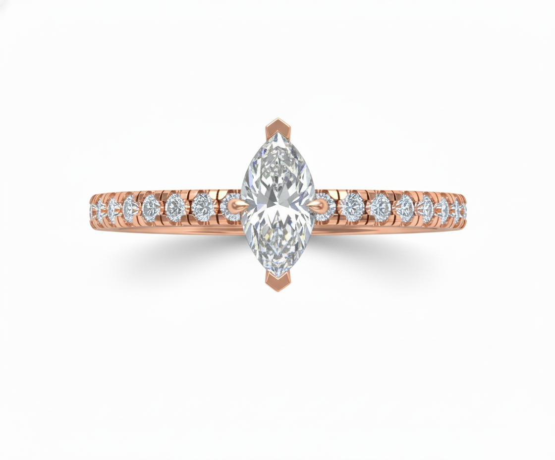 Anillo de Compromiso Marquise con Diamantes Laterales en Pavé