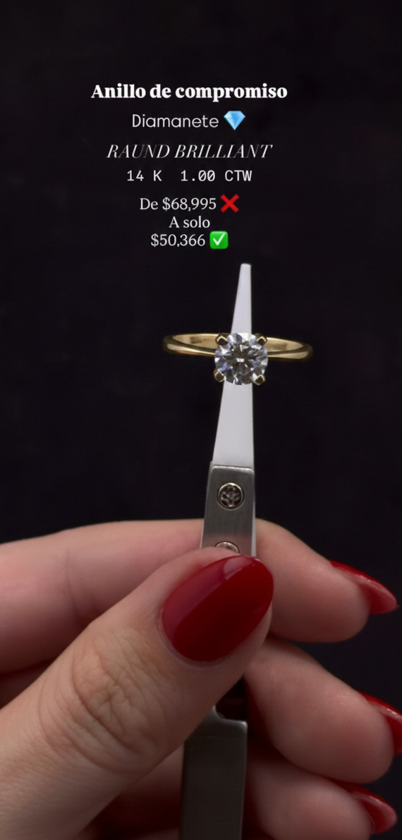 Anillo de Compromiso Oro 14K - Diamante Corte Redondo Brillante 1.00 CTW