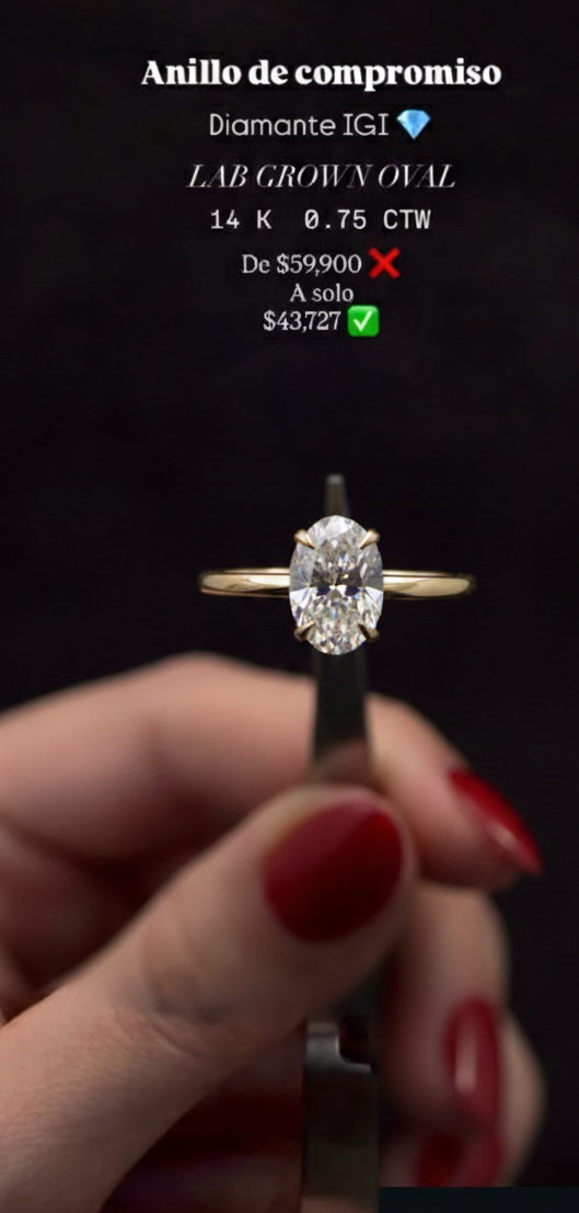 Anillo de Compromiso Oro 14K - Diamante Lab Grown Corte Oval 0.75 CTW