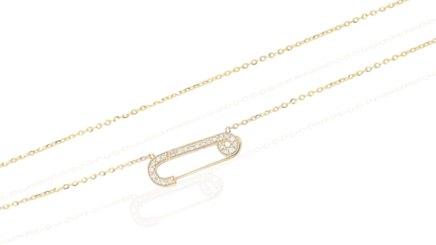 Hermosa Gargantilla Oro 14k Amarillo Pin Shape con Deslumbrantes Incrustaciones