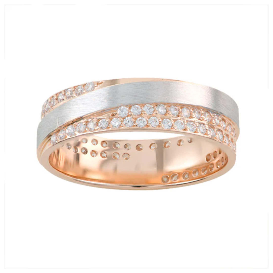 Argolla Oro Rosa 14k Combinado con Oro Blanco y Circonias Suizas Incrustadas