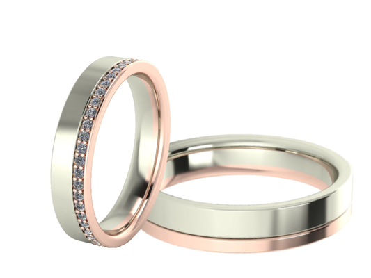 Juego de Argollas de Oro Blanco con Borde de Oro Rosado 14k y Adornos de Diamante