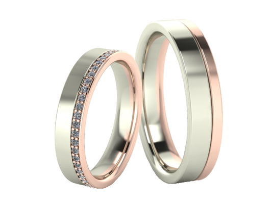 Juego de Argollas de Oro Blanco con Borde de Oro Rosado 14k y Adornos de Diamante