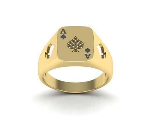 Anillo de Oro 14k con Forma de  Ace Poker y Brillantes Incrustaciones