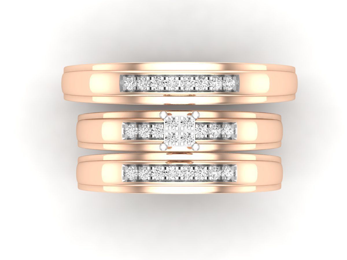 Sofisticado Trio de Argollas Matrimoniales AV 326 con Solitario de Cuadrado Dividido en Cuatro