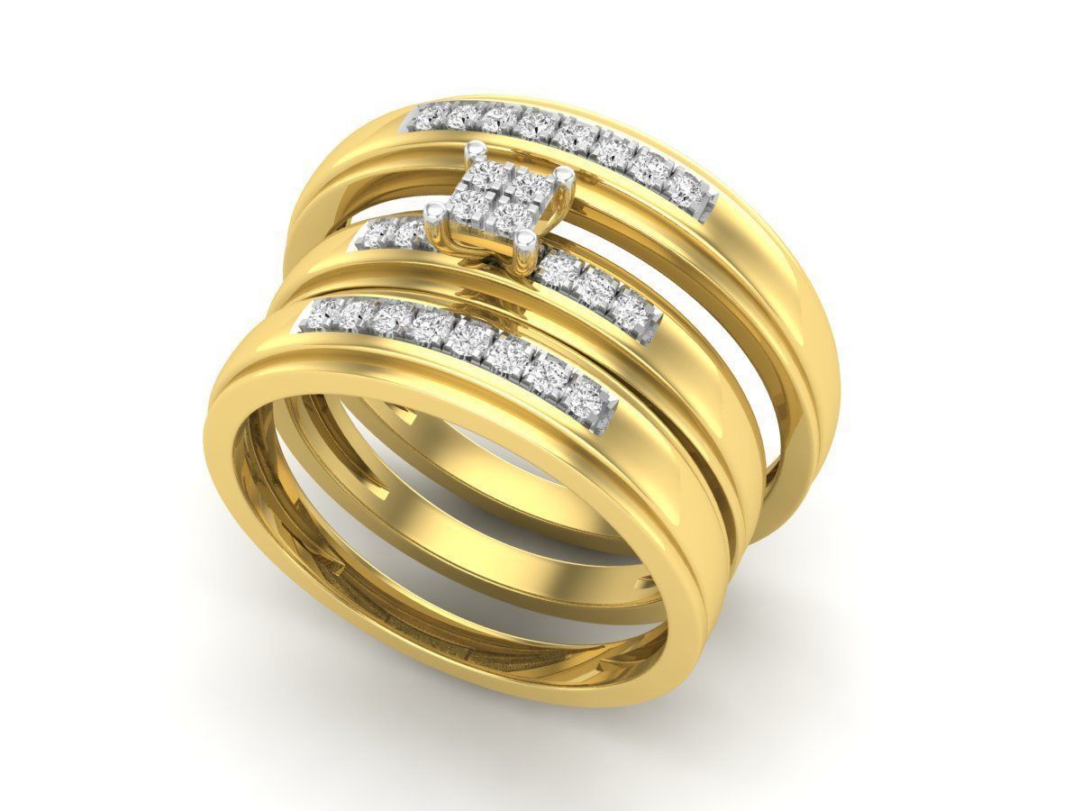 Sofisticado Trio de Argollas Matrimoniales AV 326 con Solitario de Cuadrado Dividido en Cuatro