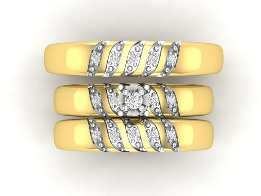 Trio de Argollas Matrimoniales de Oro con Argolla Florar Acompañada de Incrustaciones