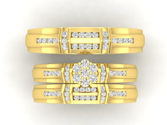 Trio de Argollas Matrimoniales de Oro con Argolla de Flor de Incrustaciones