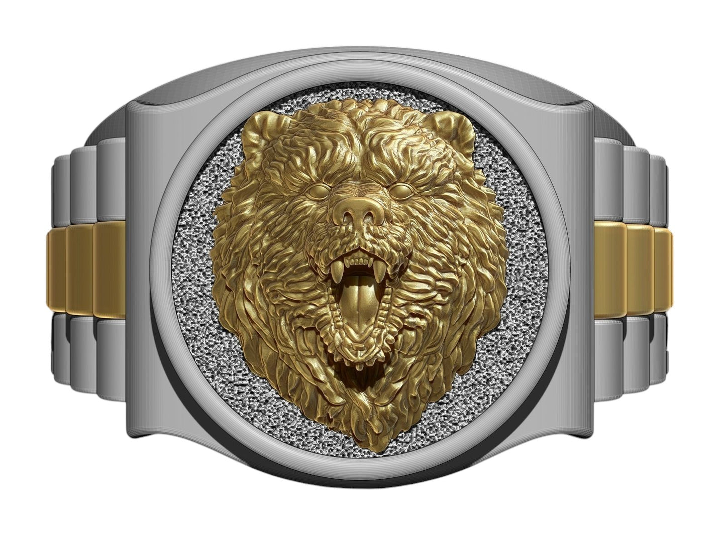 Extravagante Anillo Rostro de Oso de Oro Blanco y Amarillo