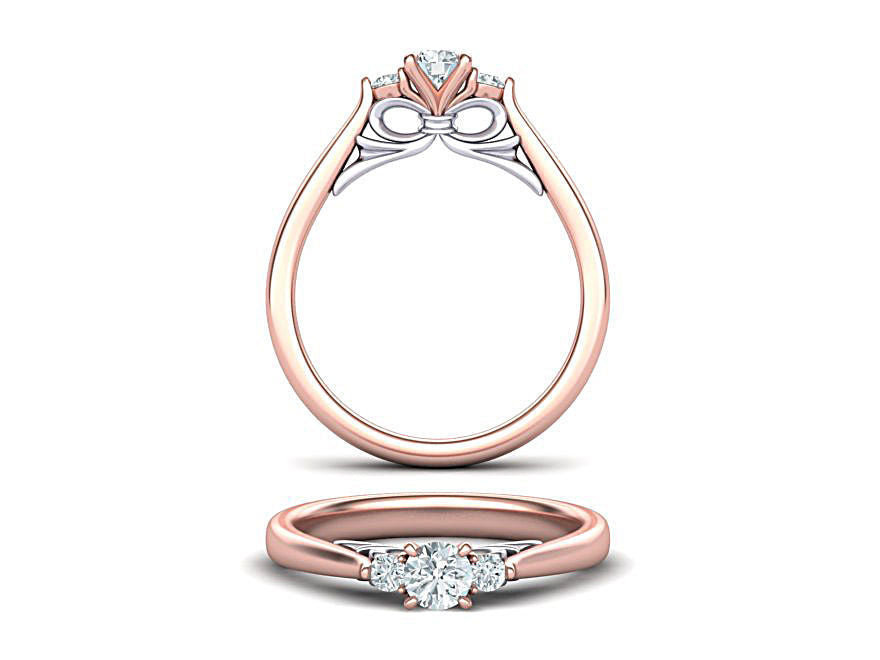 Precioso Anillo de Compromiso Tres Piedras Bow de Oro 14k y Brillantes Incrustaciones