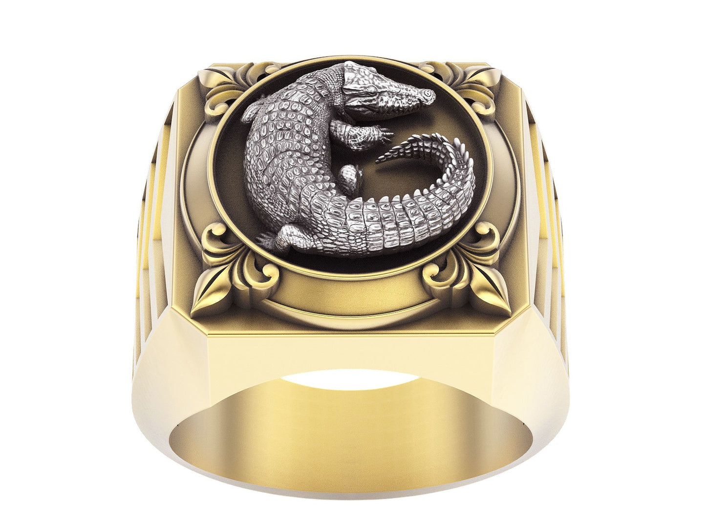 Increíble Anillo de Oro Amarillo con Cocodrilo de Oro Blanco