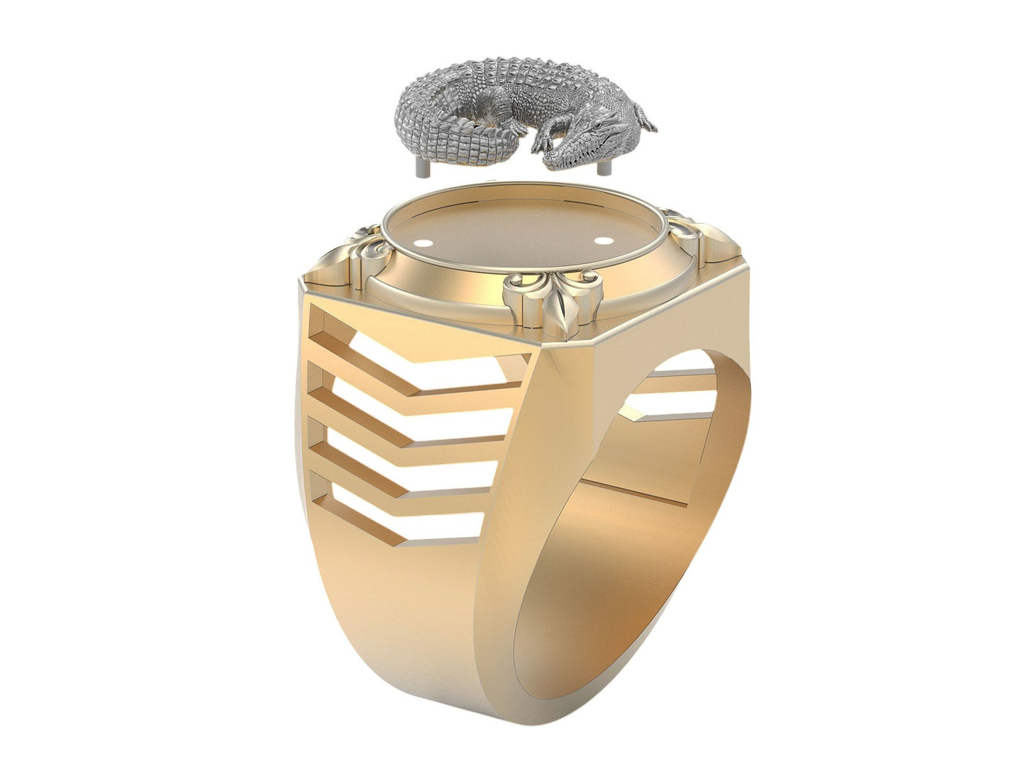 Increíble Anillo de Oro Amarillo con Cocodrilo de Oro Blanco