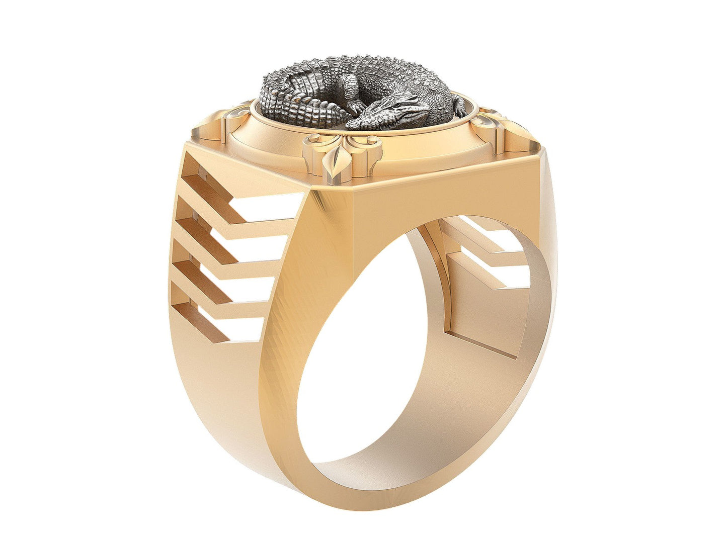 Increíble Anillo de Oro Amarillo con Cocodrilo de Oro Blanco