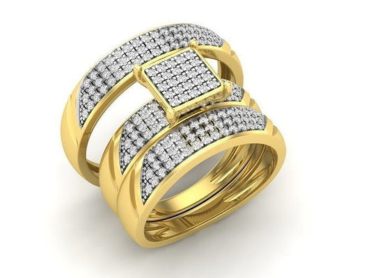 Trio de Argollas Matrimoniales con Solitario Cuadrado Recubierto de Incrustaciones