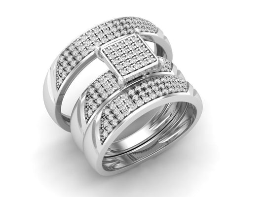 Trio de Argollas Matrimoniales con Solitario Cuadrado Recubierto de Incrustaciones