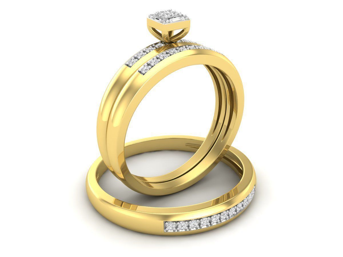 Hermoso Trio de Argollas Matrimoniales con Solitario Cuadrado con Cruz Simétrica