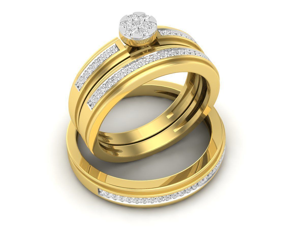 Precioso Trio de Argollas Matrimoniales con Solitario Circular con Adorno de Flor