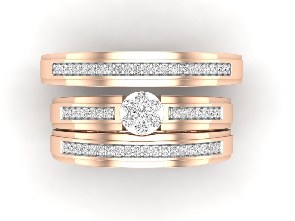 Precioso Trio de Argollas Matrimoniales con Solitario Circular con Adorno de Flor
