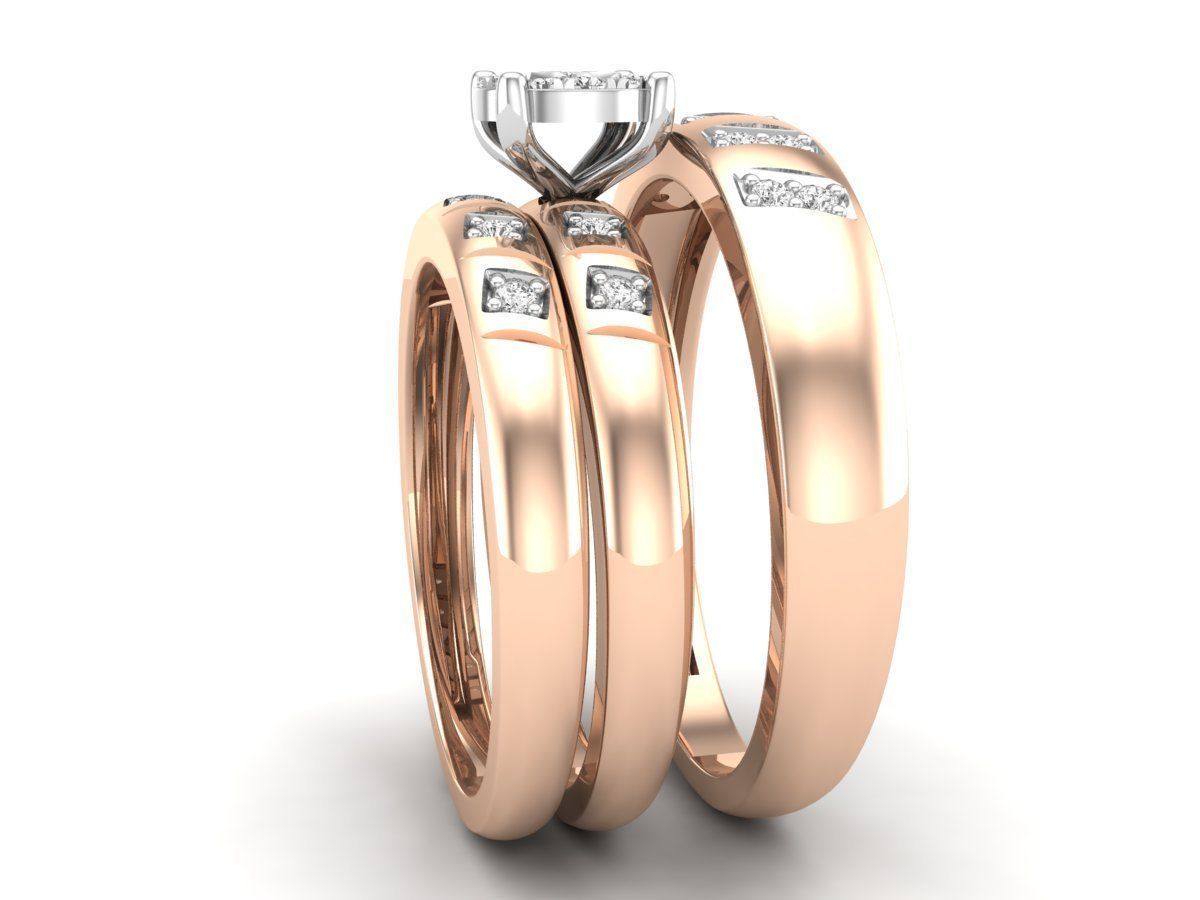 Precioso Trio de Argollas Matrimoniales con Solitario Circular de Centro Cuadrado