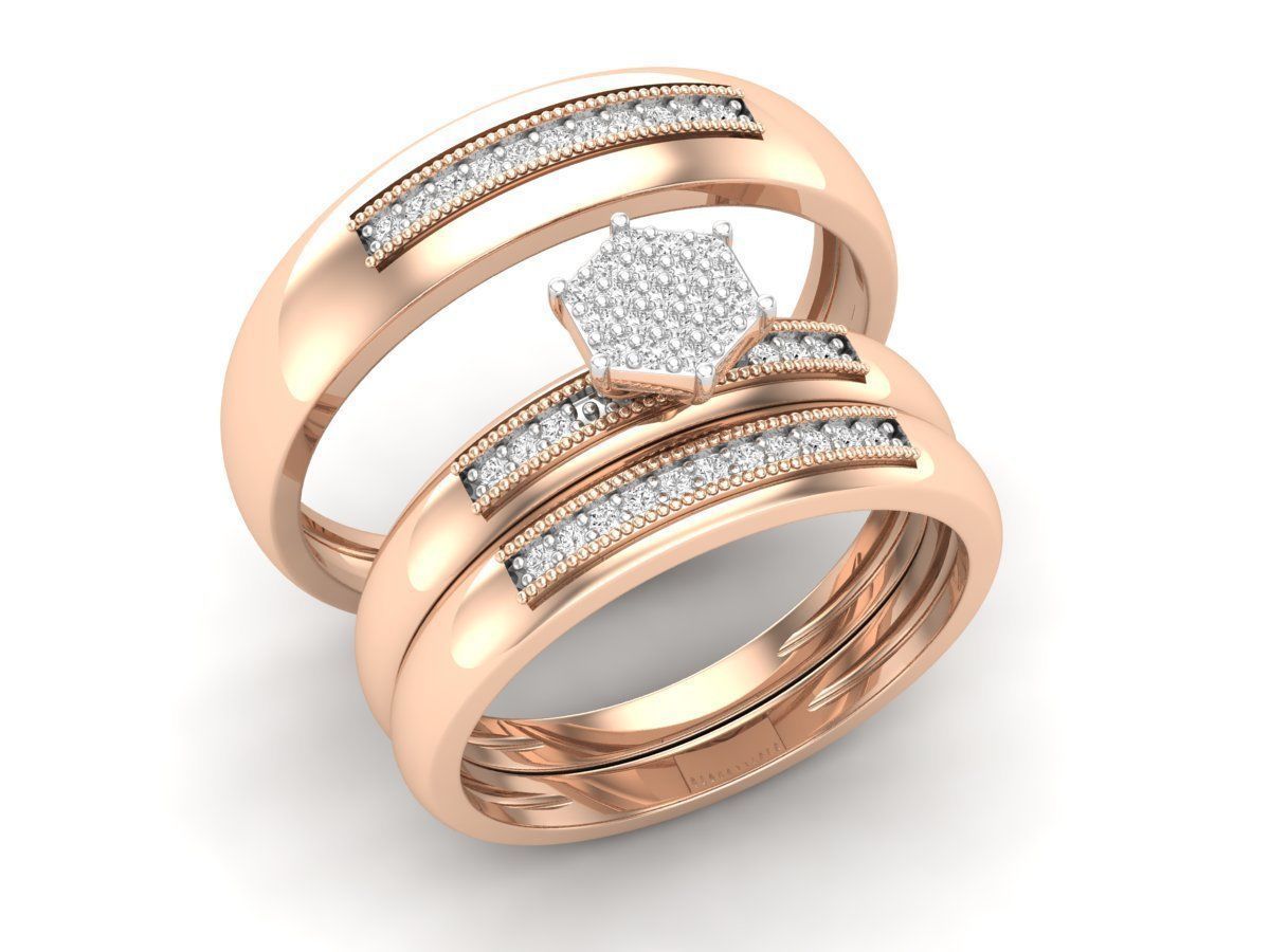Deleitoso Trio de Argollas Matrimoniales con Solitario Hexagonal