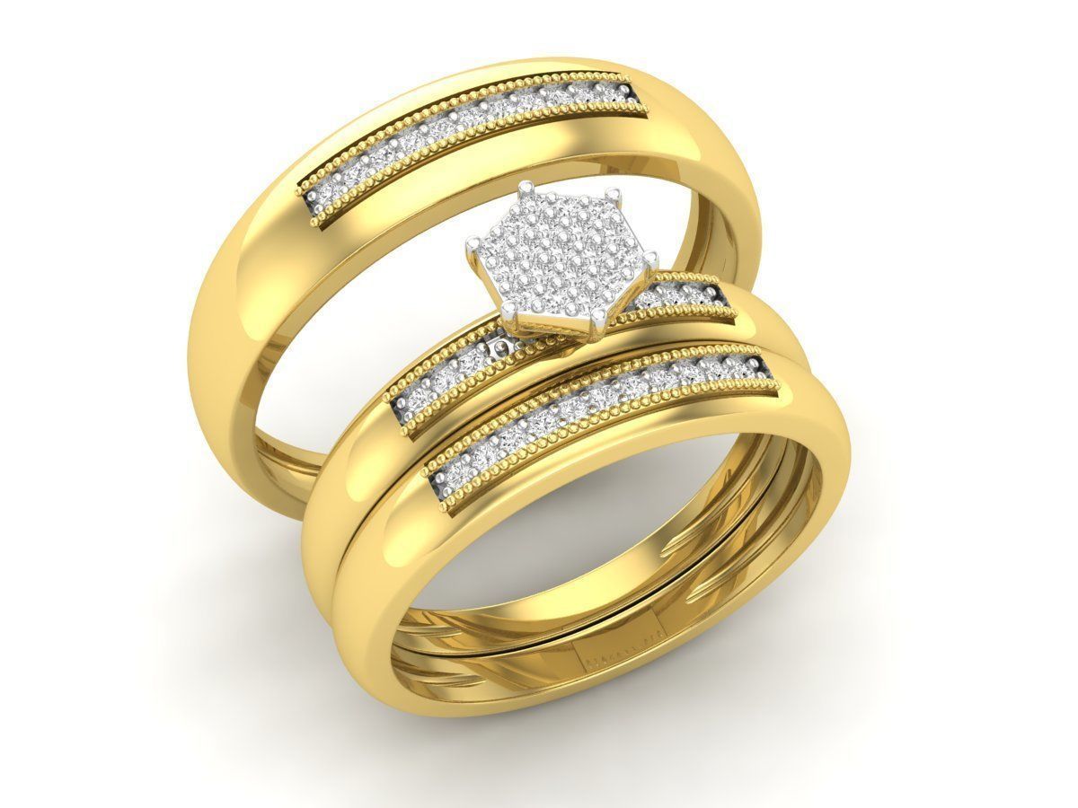 Deleitoso Trio de Argollas Matrimoniales con Solitario Hexagonal