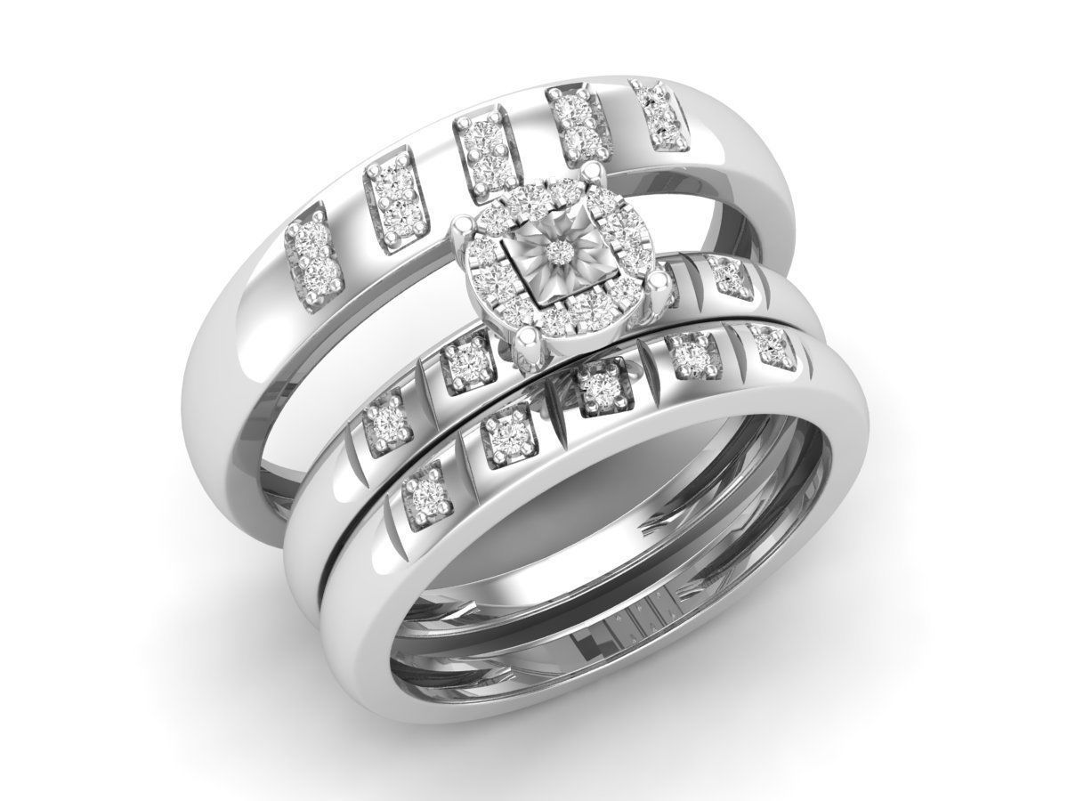 Precioso Trio de Argollas Matrimoniales con Solitario Circular de Centro Cuadrado