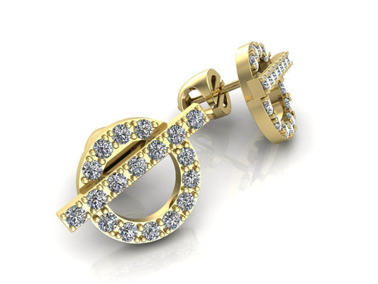 Aretes de Oro Amarillo Aro con Línea Transversal Adornada de Incrustaciones