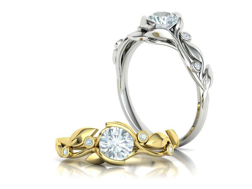 Anillo Compromiso Floral Diseño Hojas Oro Diamantes 0.88CT