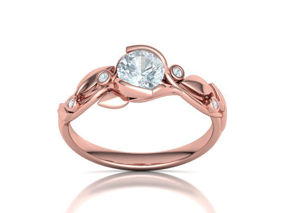 Anillo Compromiso Floral Diseño Hojas Oro Diamantes 0.88CT