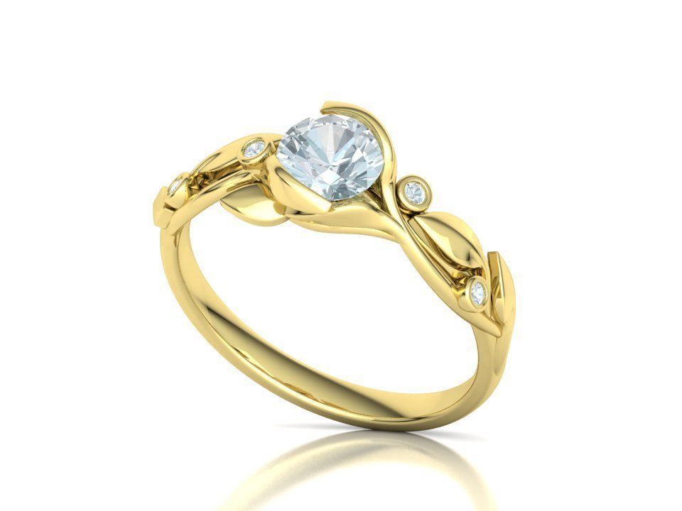 Anillo Compromiso Floral Diseño Hojas Oro Diamantes 0.88CT