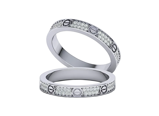 Dúo de Argollas Banda con Diseño Love y Diamantes Pavé 3mm