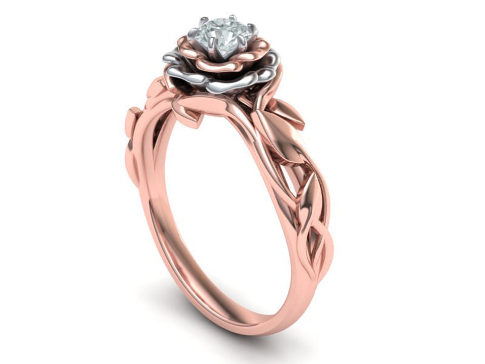 Exclusivo Anillo de Compromiso Leaves Rose de Oro 14k con Incrustaciones