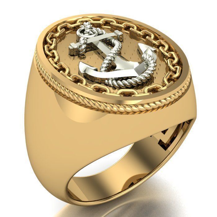 Deslumbrante Anillo de Oro Amarillo 14k con Ancla de Oro Blanco