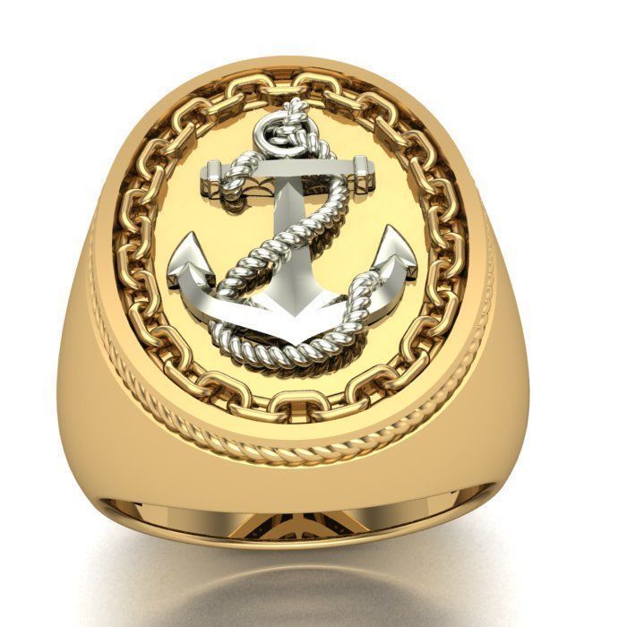 Deslumbrante Anillo de Oro Amarillo 14k con Ancla de Oro Blanco