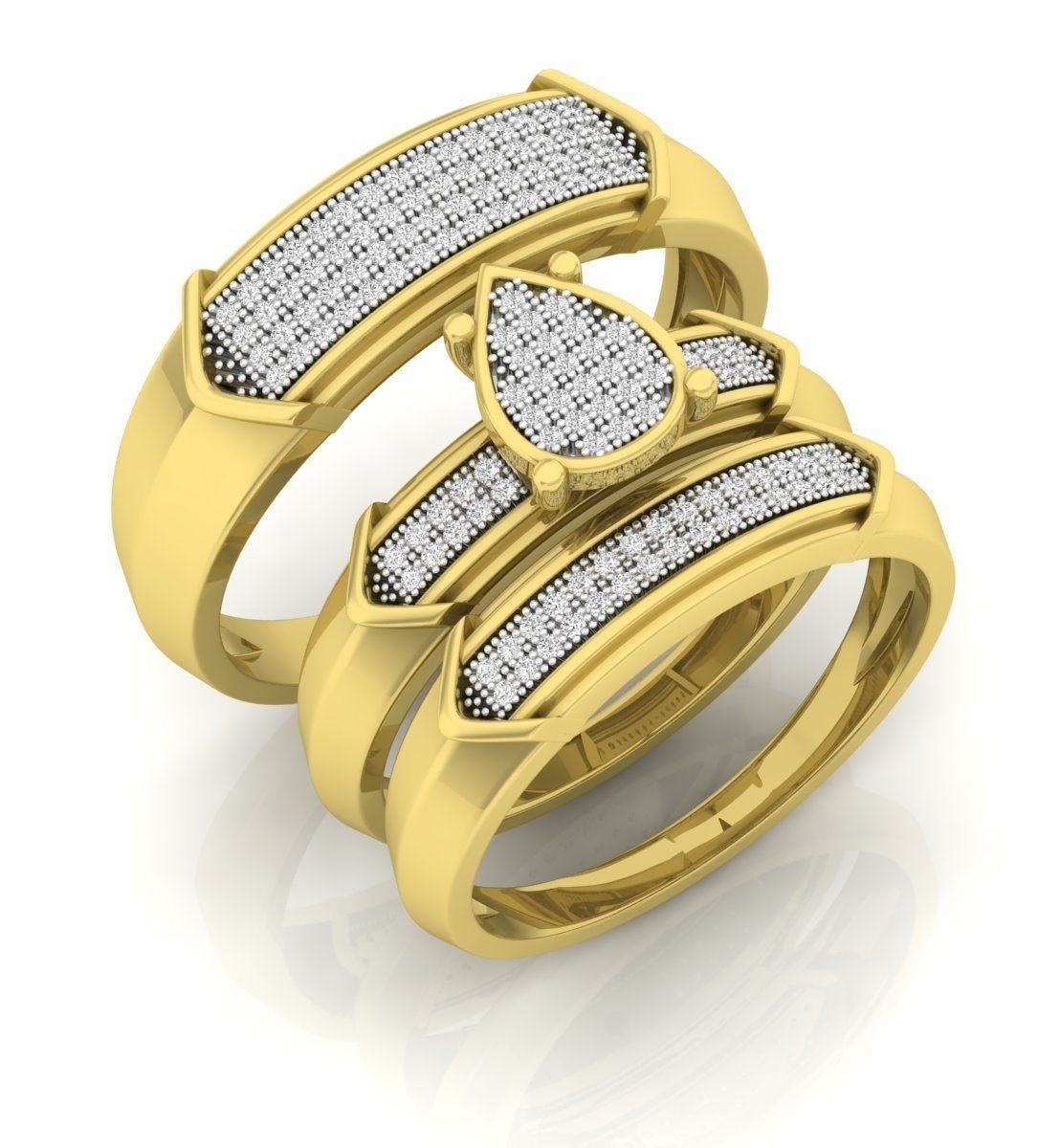 Único Trio de Argollas Matrimoniales Oro Amarillo con Solitario de Gota