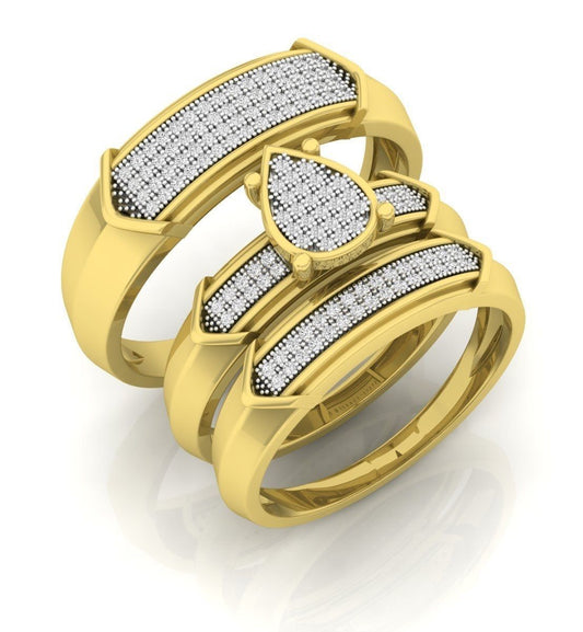 Trio de Argollas Matrimoniales Oro Amarillo con Solitario de Gota