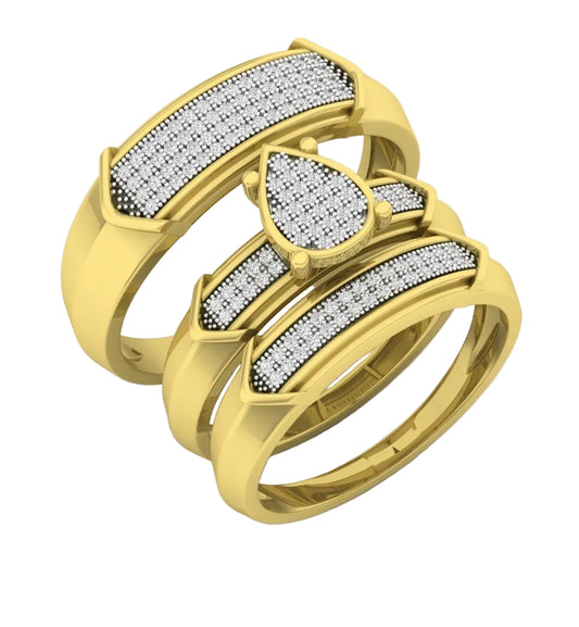 Trio de Argollas Matrimoniales Oro Amarillo con Solitario de Gota