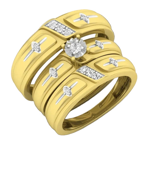 Trio de Argollas Matrimoniales de Oro Amarillo con Solitario de Flor