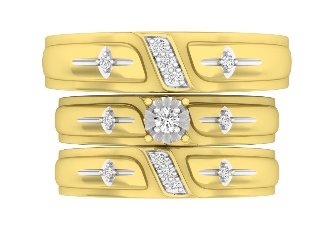 Precioso Trio de Argollas Matrimoniales de Oro Amarillo con Solitario de Flor