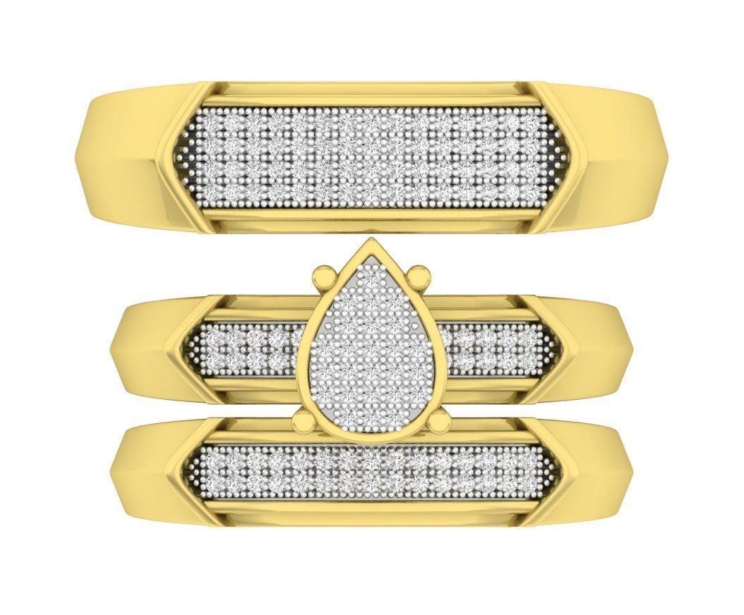 Único Trio de Argollas Matrimoniales Oro Amarillo con Solitario de Gota