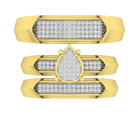 Trio de Argollas Matrimoniales Oro Amarillo con Solitario de Gota