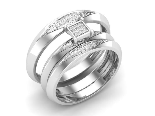 Trio de Argollas Matrimoniales de Oro Blanco con Solitario Cuadrado