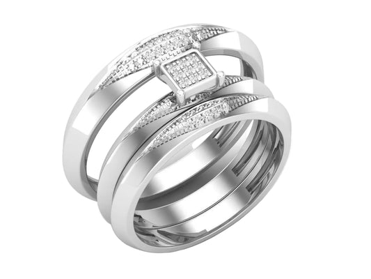 Trio de Argollas Matrimoniales de Oro Blanco con Solitario Cuadrado