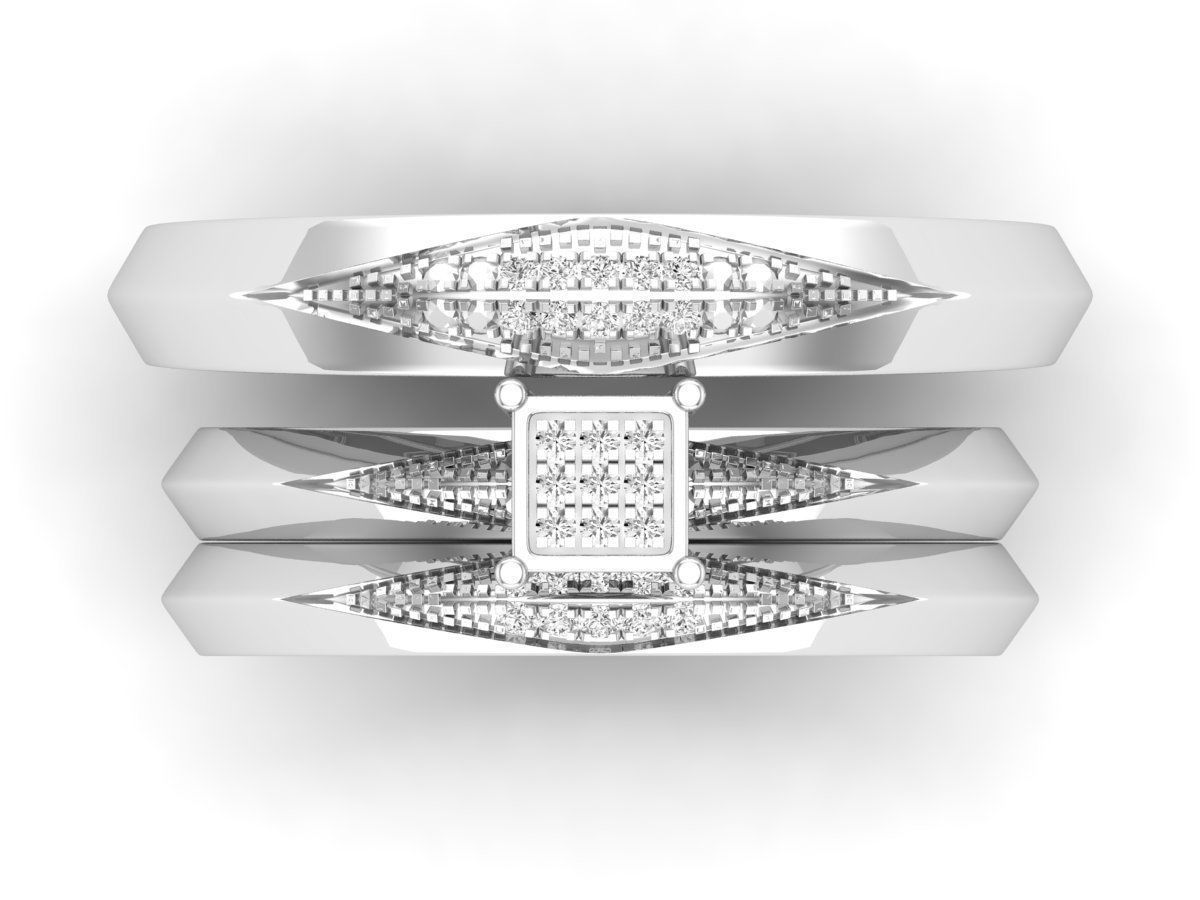 Lujoso Trio de Argollas Matrimoniales de Oro Blanco con Solitario Cuadrado