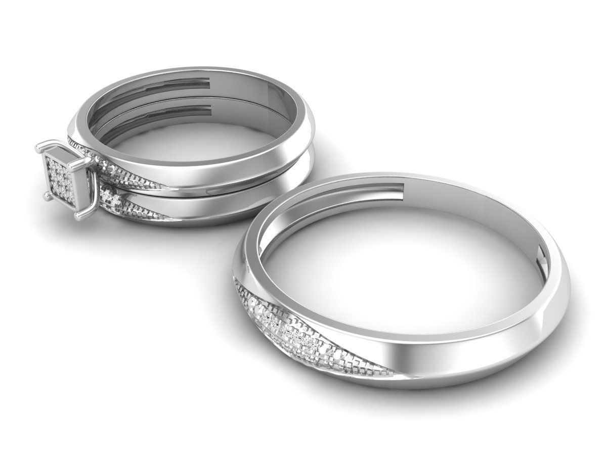 Lujoso Trio de Argollas Matrimoniales de Oro Blanco con Solitario Cuadrado