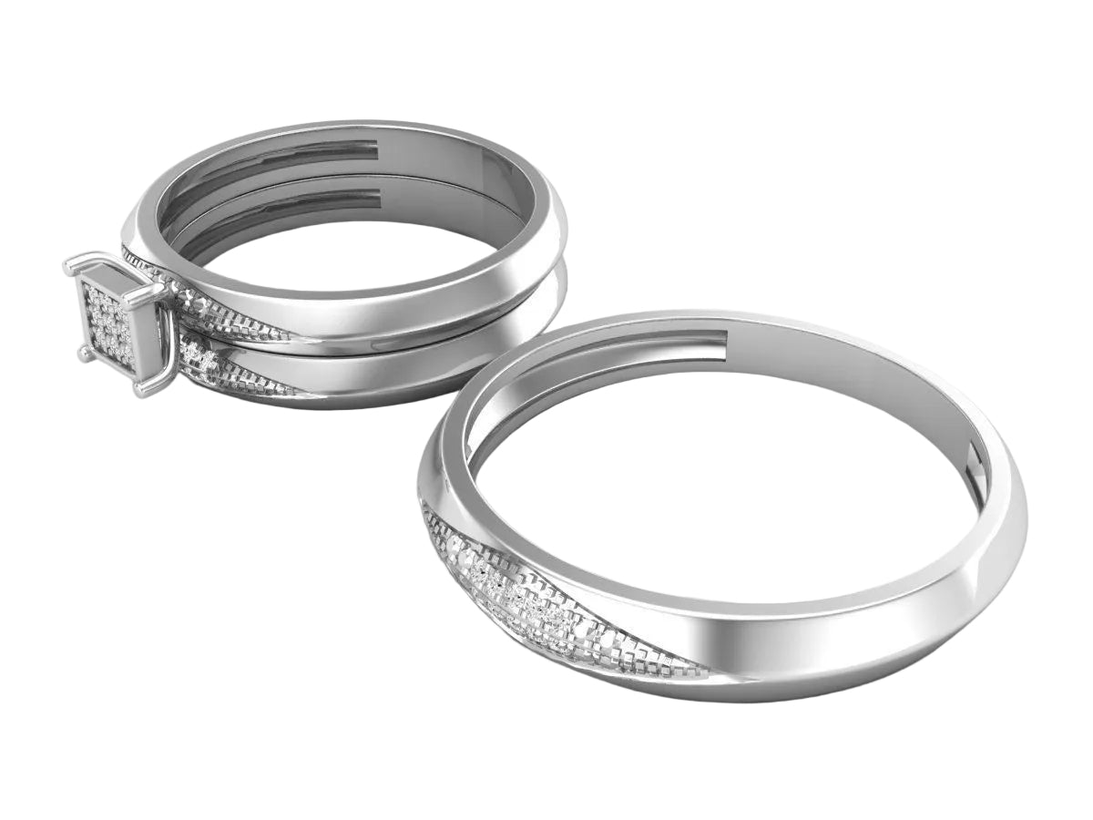 Trio de Argollas Matrimoniales de Oro Blanco con Solitario Cuadrado