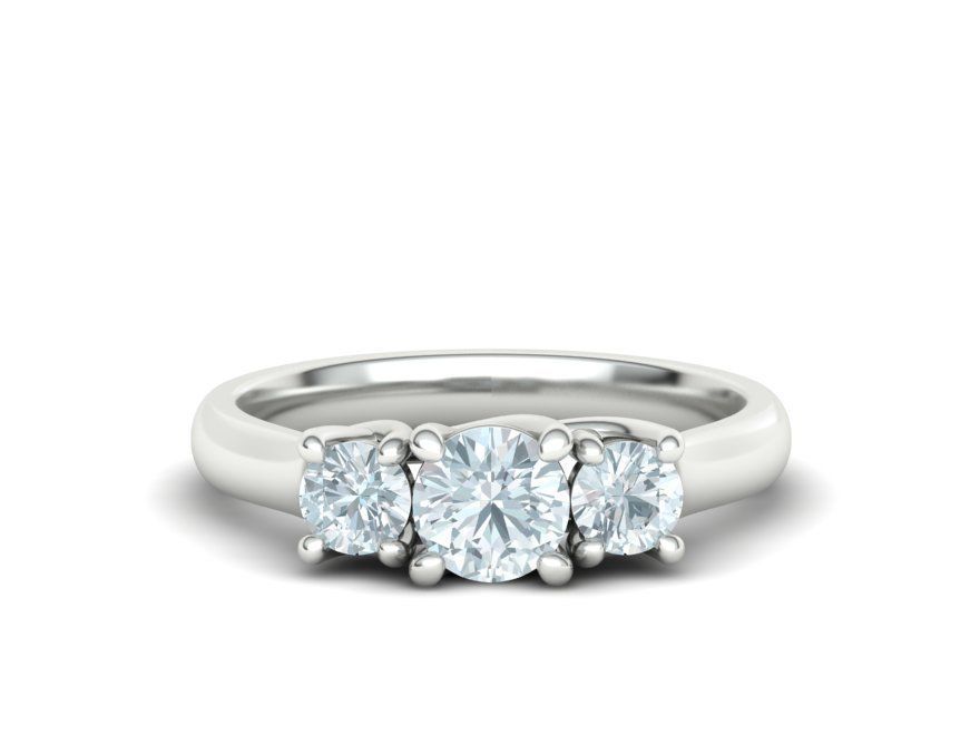 Bellisimo Anillo de Compromiso Trellis Tres Piedras con Aro Comfort Fit de Oro 14k