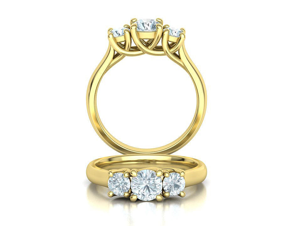 Bellisimo Anillo de Compromiso Trellis Tres Piedras con Aro Comfort Fit de Oro 14k