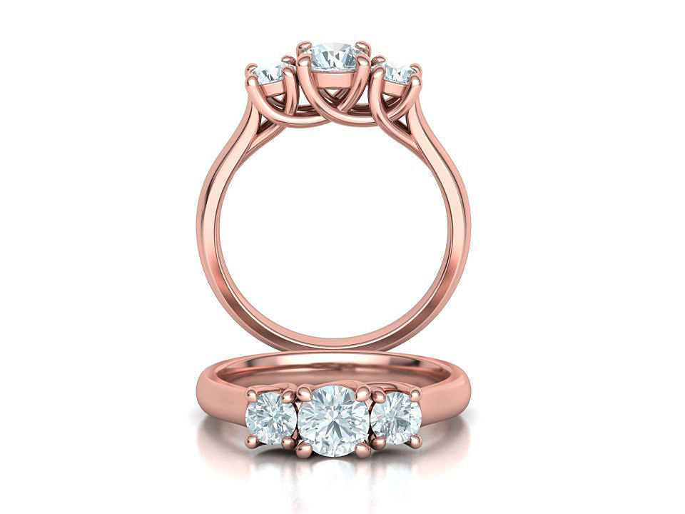 Bellisimo Anillo de Compromiso Trellis Tres Piedras con Aro Comfort Fit de Oro 14k